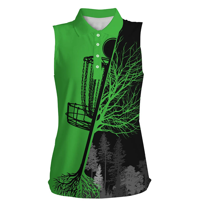 Womens sleeveless disc golf polo shirts black and green disc golf basket, disc golf outfit NQS7152