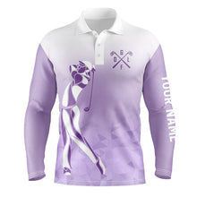 Load image into Gallery viewer, Personalized purple and white Mens golf polo shirts, custom golf gifts for mens NQS7268