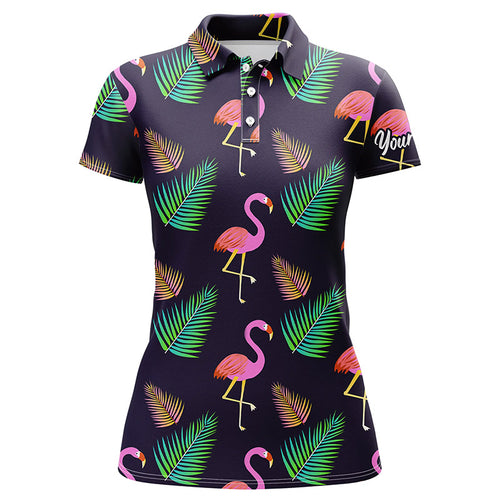 Womens golf polo shirt neon flamingos palm leaves pattern custom team flamingo golf shirts NQS5189