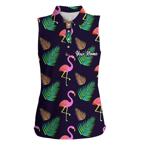 Women sleeveless polo shirt neon flamingos palm leaves pattern custom team flamingo golf shirts NQS5189