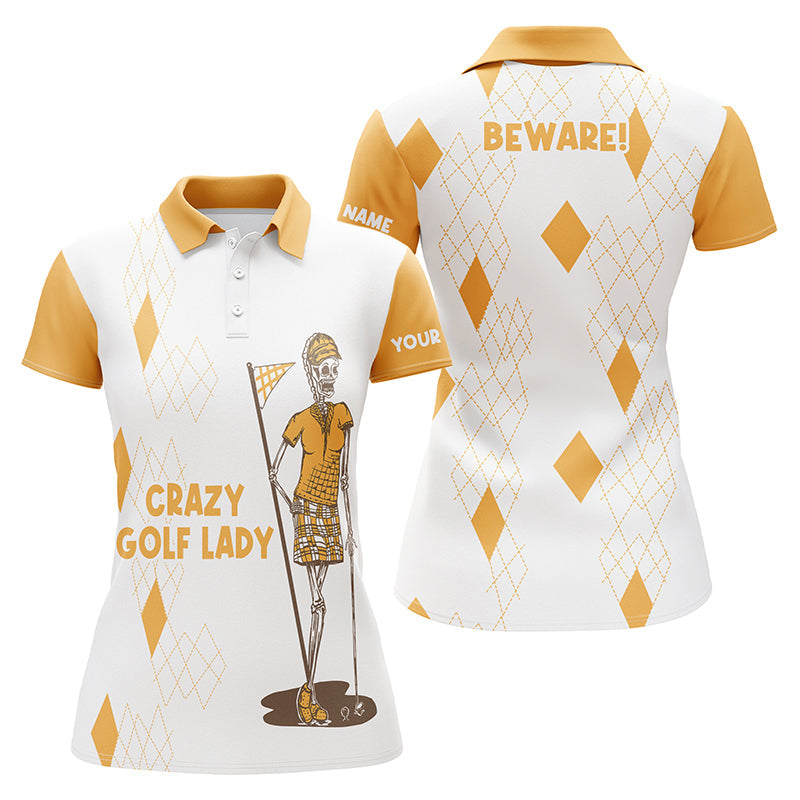 Funny Womens polo shirt custom name golf skull crazy golf lady beware womens golf tops | Yellow NQS5198