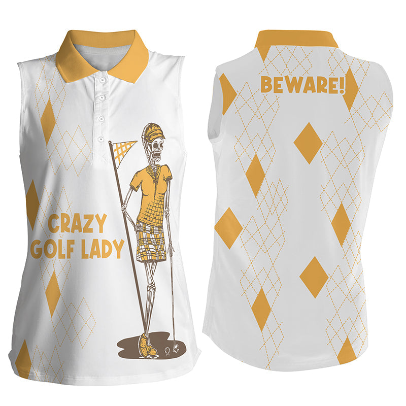 Funny Womens sleeveless polo shirt golf skull crazy golf lady beware womens golf tops | Yellow NQS5198