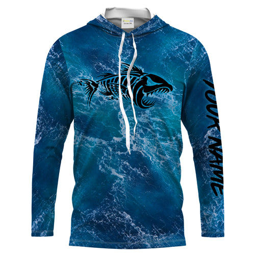 Custom blue ocean fish bone Saltwater Long sleeve Fishing Shirts UV Protection, Sea wave camo Fishing Shirts - NQS2079