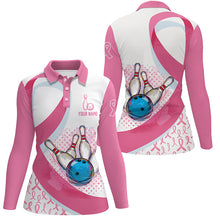 Load image into Gallery viewer, Women bowling polo shirt Custom Pink Ribbon bowling ball pins Breast Cancer Awareness bowling jerseys NQS6338