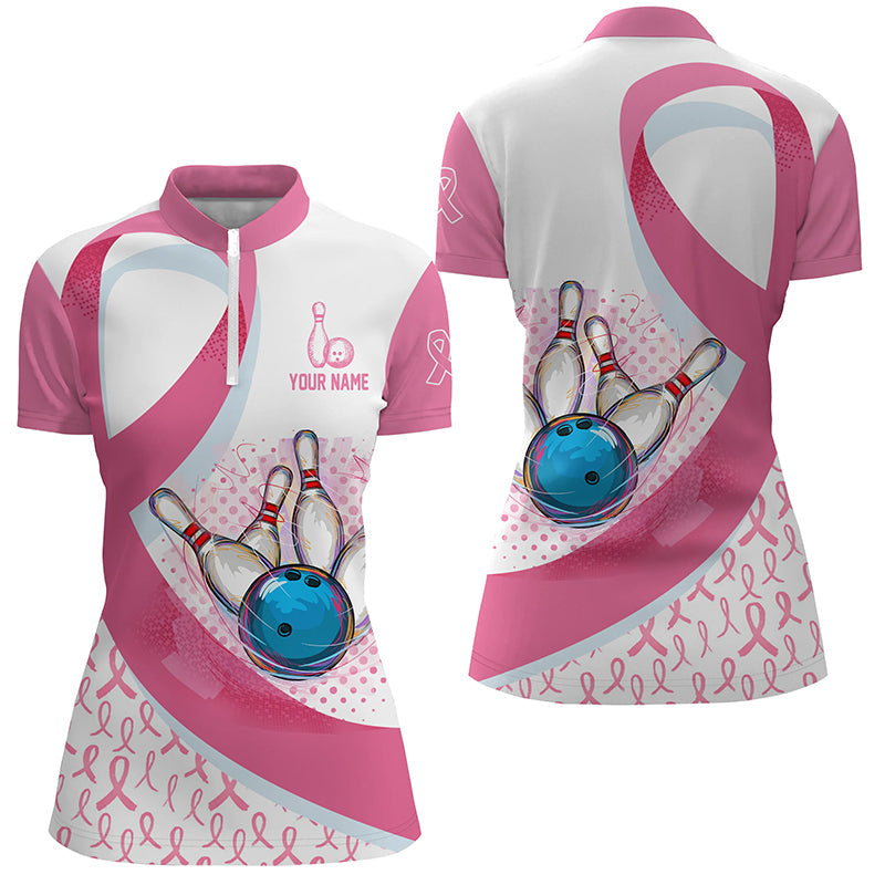 Women Quarter Zip shirts Custom Pink Ribbon bowling ball pins Breast Cancer Awareness bowling jerseys NQS6338