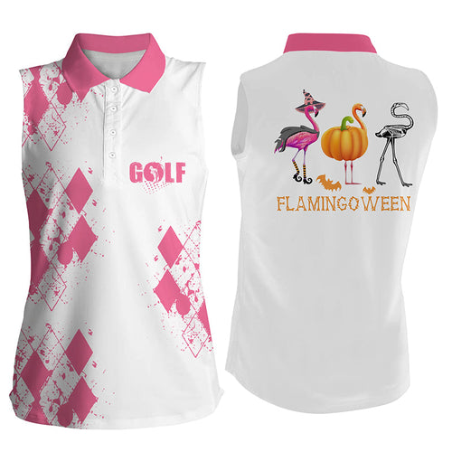 Funny Halloween flamingoween Womens sleeveless polos shirt, Pink Flamingo golf shirt for ladies NQS6559