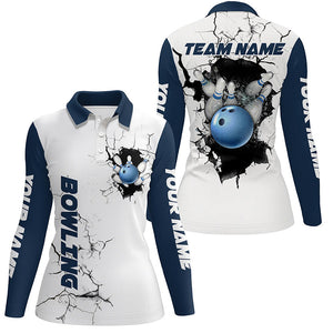 Women bowling polo shirts Custom Bowling ball and pins Team league Jerseys, gifts for bowlers | Blue NQS7270