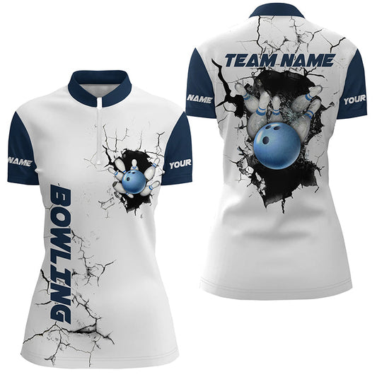 Womens bowling Quarter Zip shirt Custom Bowling ball pins Team league Jersey, gifts for bowlers | Blue NQS7270