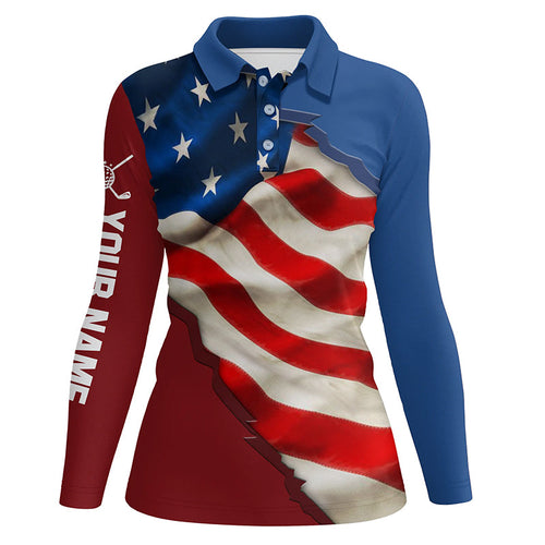 Personalized vintage American flag Womens golf polo shirts custom patriotic golfing gifts for ladies NQS7273