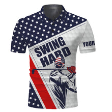 Load image into Gallery viewer, Mens golf polo shirt Swing hard American flag custom name golf performance shirts NQS3448