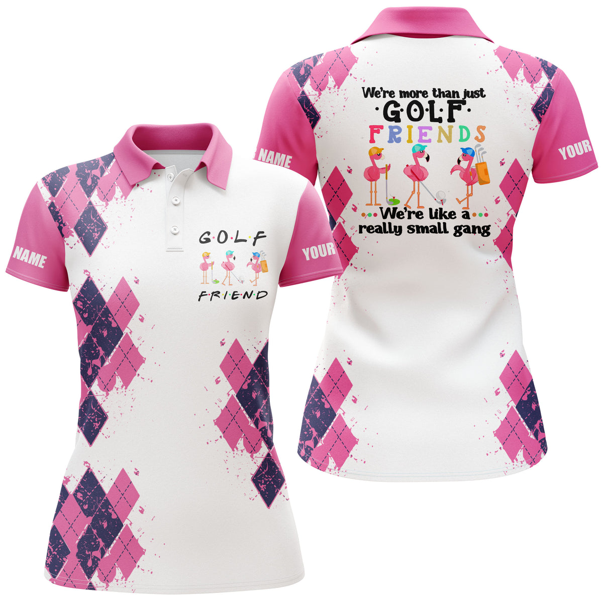 Womens golf polo shirt we're more than just golf friends flamingo cust