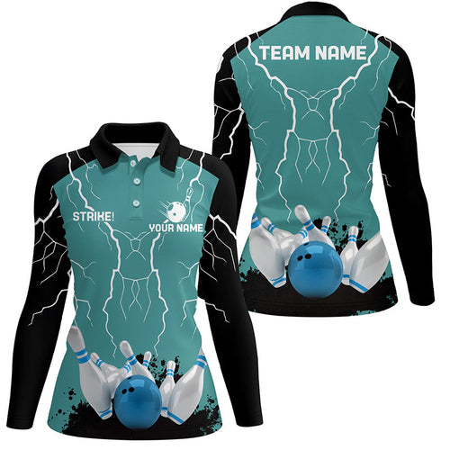 Women bowling polo shirt Custom bowling strike lightning storm thunder team league jersey | Turquoise NQS6342