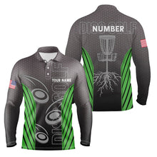 Load image into Gallery viewer, Mens disc golf polo shirt custom name, number camo disc golf jersey, mens disc golf apparel | Green NQS6345