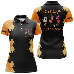 Funny women golf polo shirts orange argyle pattern black Halloween custom Flamingo golf friends NQS6349