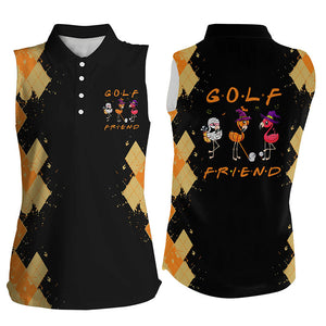 Funny women sleeveless polo shirts orange argyle pattern black Halloween custom Flamingo golf friends NQS6349