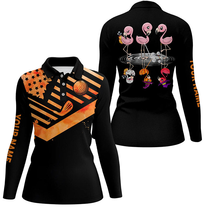 Funny black women golf polo shirts orange American flag custom Halloween Flamingo golf friends NQS6350