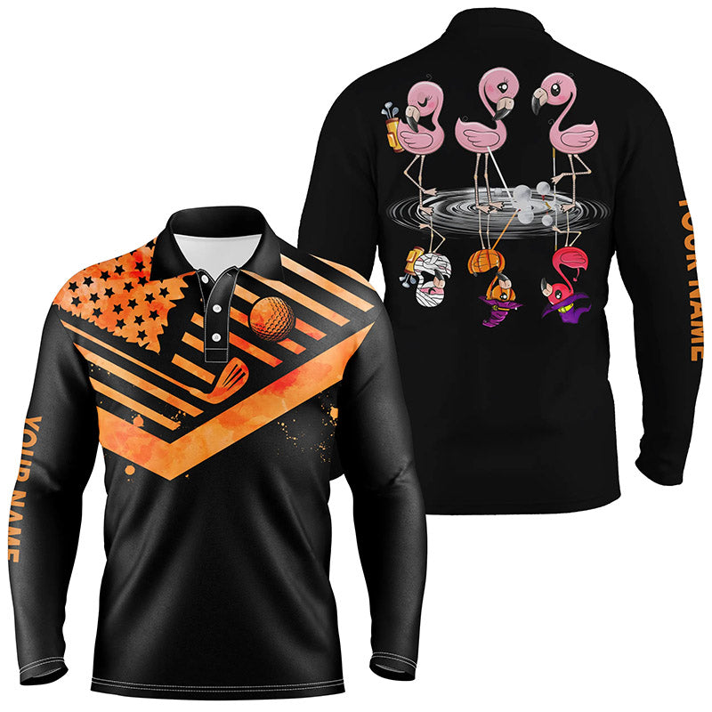 Funny black mens golf polo shirts orange American flag custom name Halloween Flamingo golf friends NQS6350