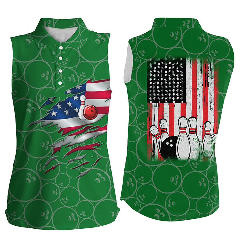 Bowling sleeveless polos for women green retro American flag bowling jerseys NQS6562