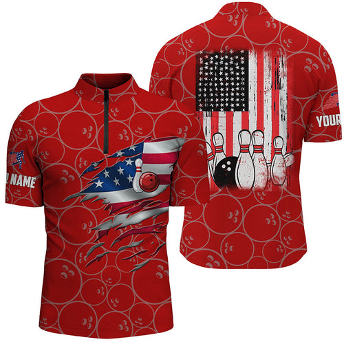 Bowling Quarter Zip shirt for men custom red vintage American flag bowling jerseys NQS6563