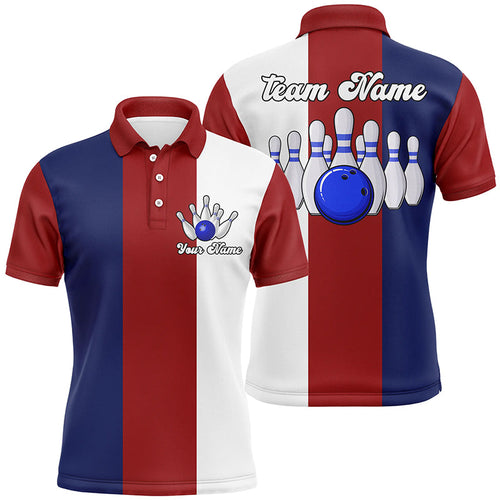 Personalized Red white and blue Retro Bowling Polo Shirts For Men custom vintage bowling team jerseys NQS6569