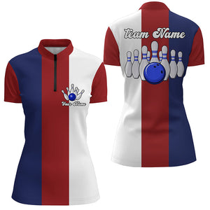 Personalized Red white and blue Retro Bowling Quarter Zip shirt For women custom bowling team jerseys NQS6569