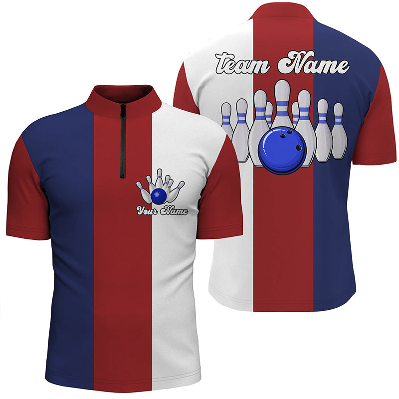 Personalized Red white and blue Retro Bowling Quarter Zip shirt For Men custom bowling team jerseys NQS6569