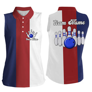 Personalized Red white and blue Retro Bowling sleeveless polo shirt For women, bowling team jerseys NQS6569