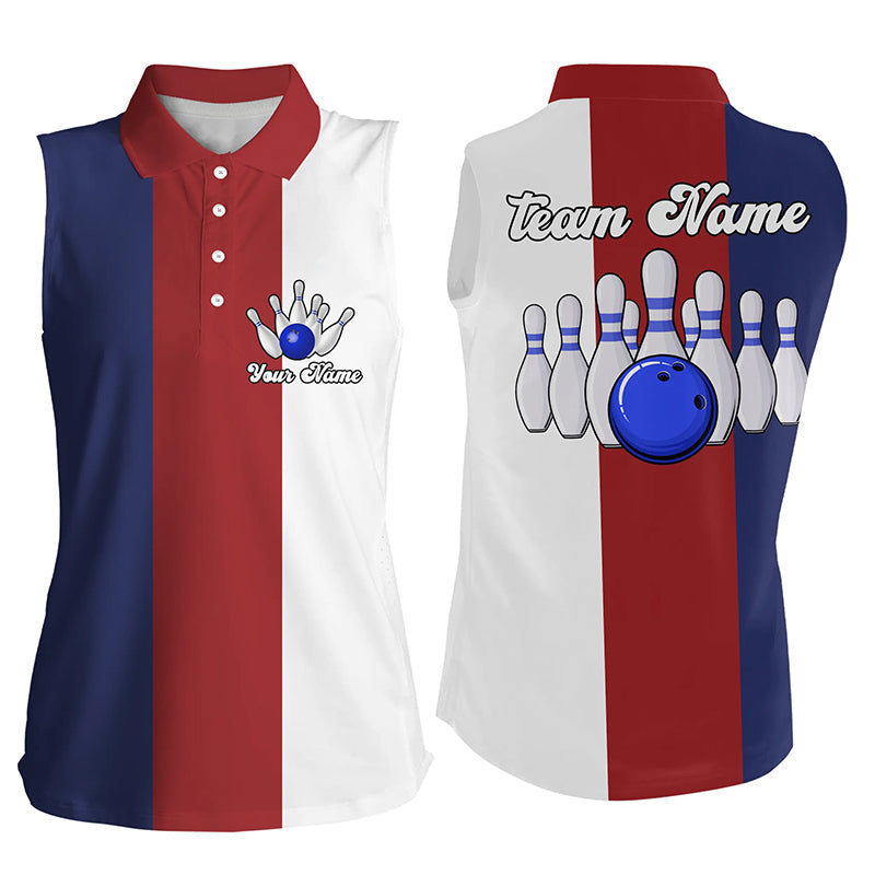 Personalized Red white and blue Retro Bowling sleeveless polo shirt For women, bowling team jerseys NQS6569