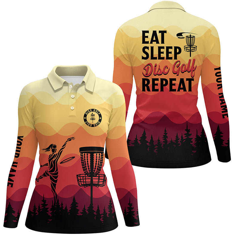 Sunset pattern Women Disc golf polo shirt custom Eat sleep Disc golf repeat jersey, disc golf shirt NQS6826