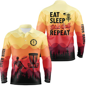 Sunset pattern Mens Disc golf polo shirts custom Eat sleep Disc golf repeat jersey, frisbee golf shirt NQS6826