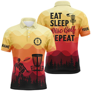 Sunset pattern Mens Disc golf polo shirts custom Eat sleep Disc golf repeat jersey, frisbee golf shirt NQS6826