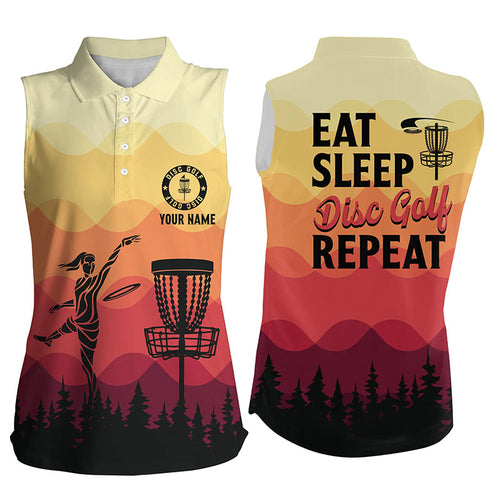 Sunset pattern Womens sleeveless polo shirt custom Eat sleep Disc golf repeat jersey, disc golf NQS6826