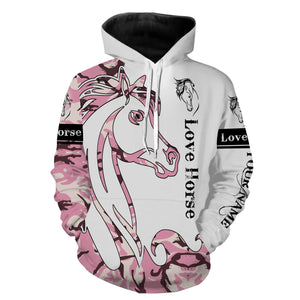 Love horse skull pink camo 3d shirts, personalized horse t shirt designs, camo hoodie, camo horse jacket, gift for horse lovers NQS2811