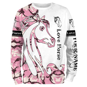 Love horse skull pink camo 3d shirts, personalized horse t shirt designs, camo hoodie, camo horse jacket, gift for horse lovers NQS2811