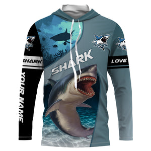 Shark fishing ocean blue color Custom Name 3D UV Protection long sleeve fishing shirts for men, women NQS3036