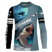 Load image into Gallery viewer, Shark fishing ocean blue color Custom Name 3D UV Protection long sleeve fishing shirts for men, women NQS3036