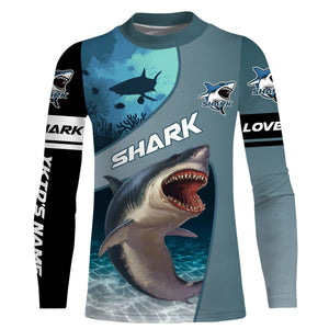 Shark fishing ocean blue color Custom Name 3D UV Protection long sleeve fishing shirts for men, women NQS3036