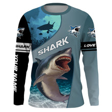 Load image into Gallery viewer, Shark fishing ocean blue color Custom Name 3D UV Protection long sleeve fishing shirts for men, women NQS3036