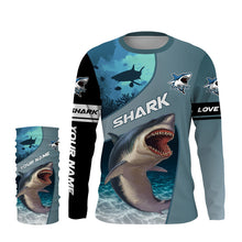 Load image into Gallery viewer, Shark fishing ocean blue color Custom Name 3D UV Protection long sleeve fishing shirts for men, women NQS3036