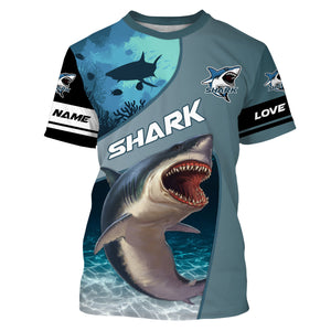 Shark fishing ocean blue color Custom Name 3D UV Protection long sleeve fishing shirts for men, women NQS3036