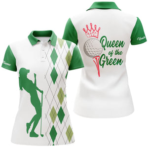 Funny Womens golf polo shirt Queen of the green custom argyle plaid white green golf shirts for women NQS4894