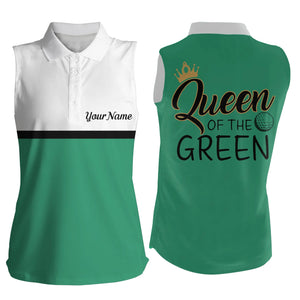 Women's sleeveless golf polo shirt Queen of the green custom white and green golf shirts for women NQS4896