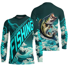 Load image into Gallery viewer, Largemouth Bass fishing Cyan Blue Ocean wave lightning thunder Custom performance Bass fishing jerseys NQS7277