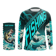 Load image into Gallery viewer, Largemouth Bass fishing Cyan Blue Ocean wave lightning thunder Custom performance Bass fishing jerseys NQS7277