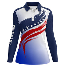 Load image into Gallery viewer, American flag Womens golf polo shirts custom golf attire for women, patriotic golf gift ladies | Blue NQS6356
