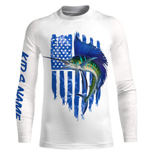 Load image into Gallery viewer, Sailfish fishing blue American flag patriotic fishing jersey UV protection Customize name long sleeves UPF 30+ gift for fisherman NQS2353