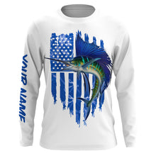 Load image into Gallery viewer, Sailfish fishing blue American flag patriotic fishing jersey UV protection Customize name long sleeves UPF 30+ gift for fisherman NQS2353