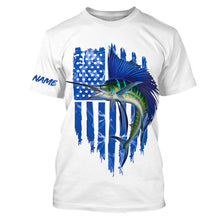 Load image into Gallery viewer, Sailfish fishing blue American flag patriotic fishing jersey UV protection Customize name long sleeves UPF 30+ gift for fisherman NQS2353