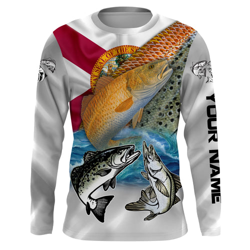 Inshore slam Florida fishing Redfish, Trout, Snook patriotic fishing jersey UV protection Customize name UPF 30+ gift for fisherman NQS2357