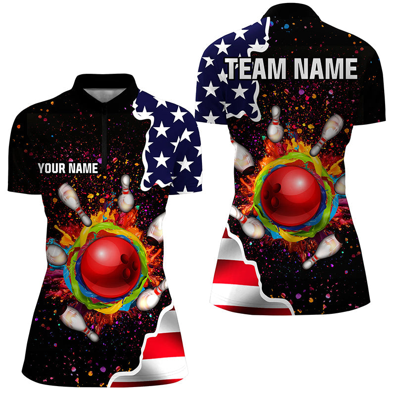 American flag colorful painted Bowling ball pins Custom Team League Quarter Zip Shirts For Women NQS6580